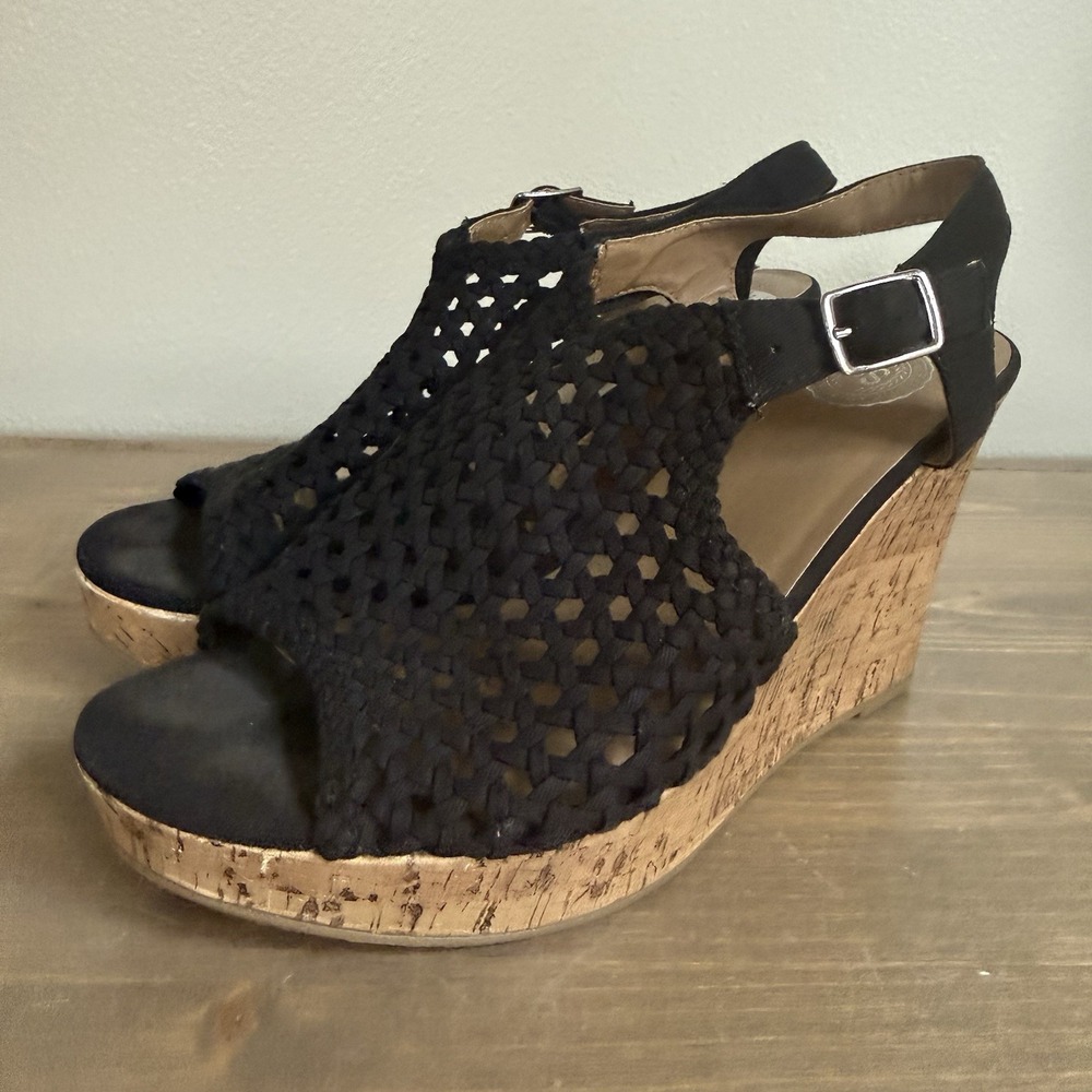 Sonoma Women's 9M Black Crochet‎ Open Toe Wedge Heel Sandals Buckle